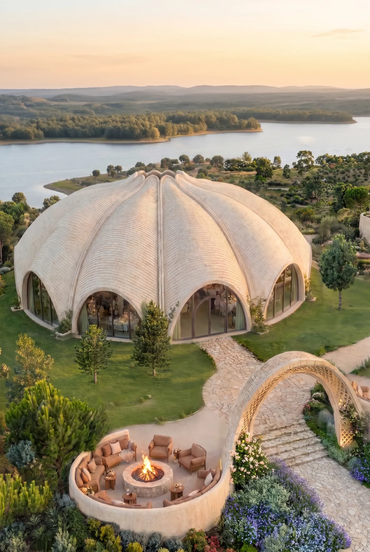 A domed wellness sanctuary with a fluted roof overlooking a lake at golden hour