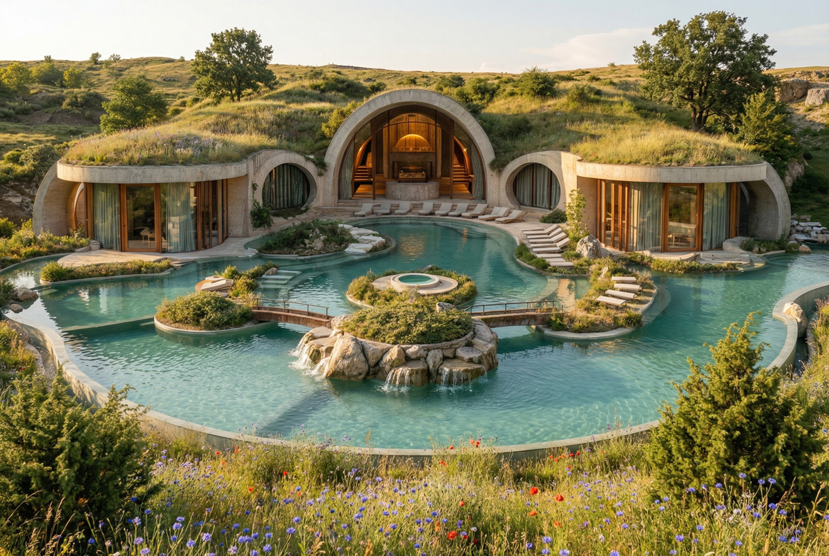 Earth-toned retreat with organic curves and a natural swimming pool at Casa Timis