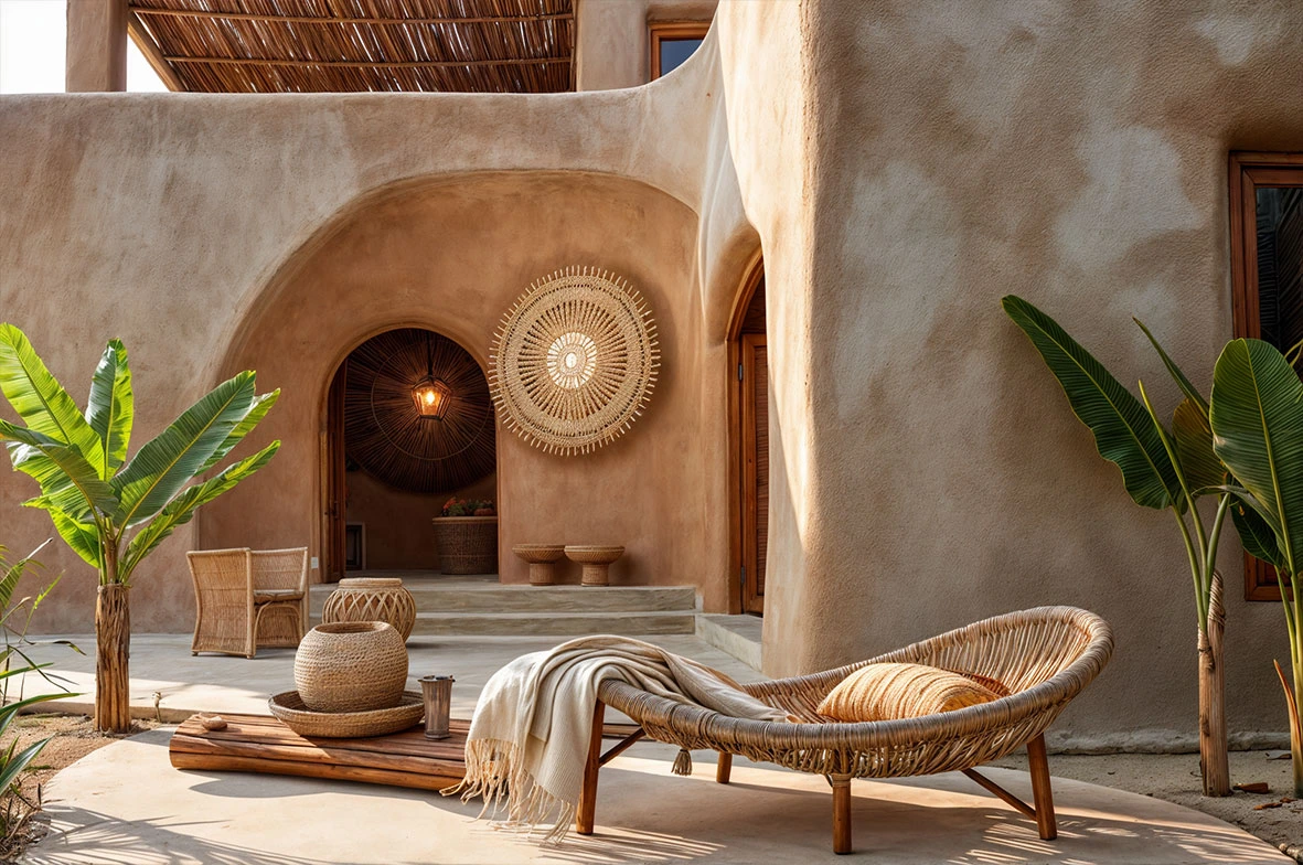 Earthy Zanzibar courtyard with hand-plastered arches, woven furniture and tropical planting at MIZIZI