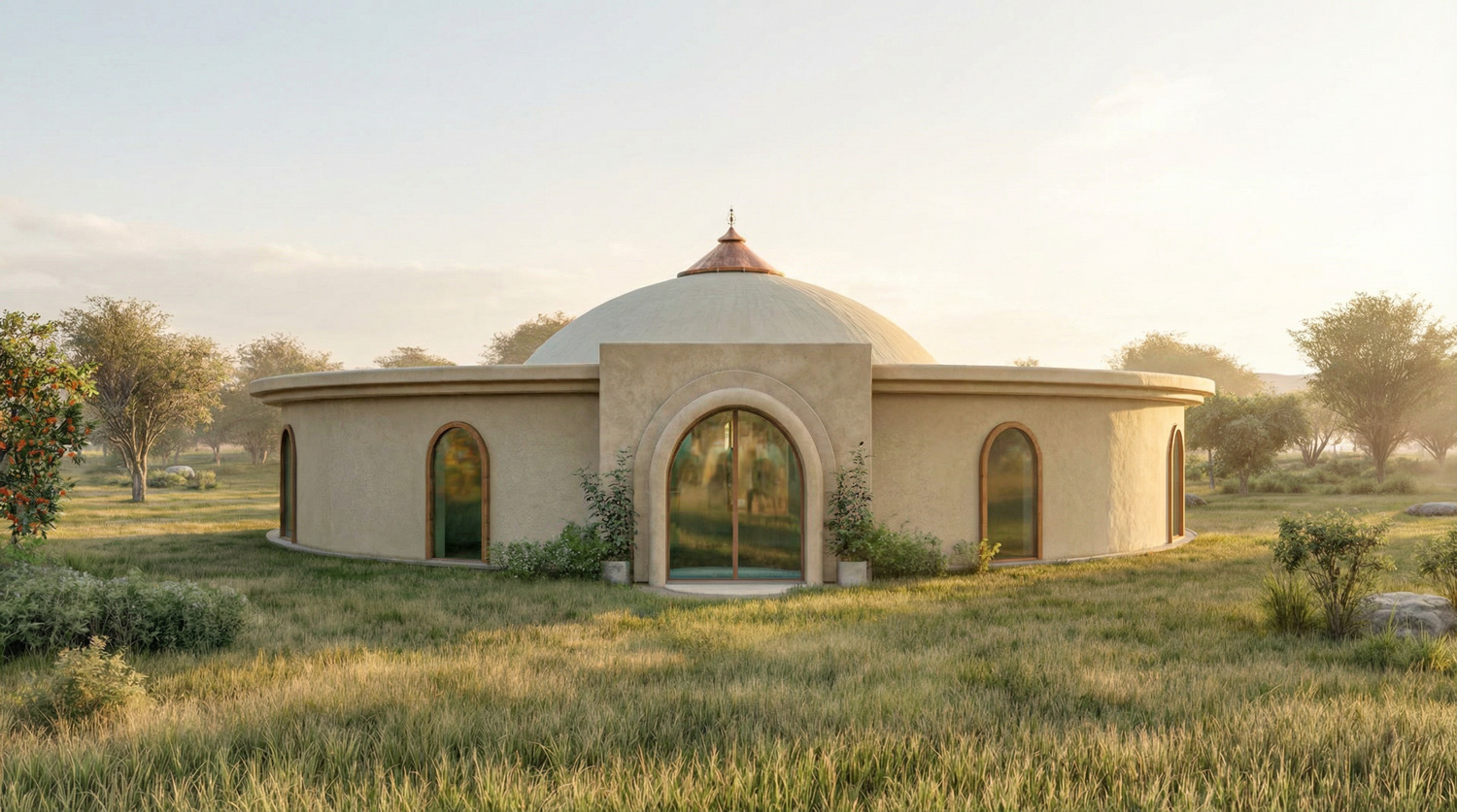 The neos.life sound healing dome with its copper-topped roof and arched entrance