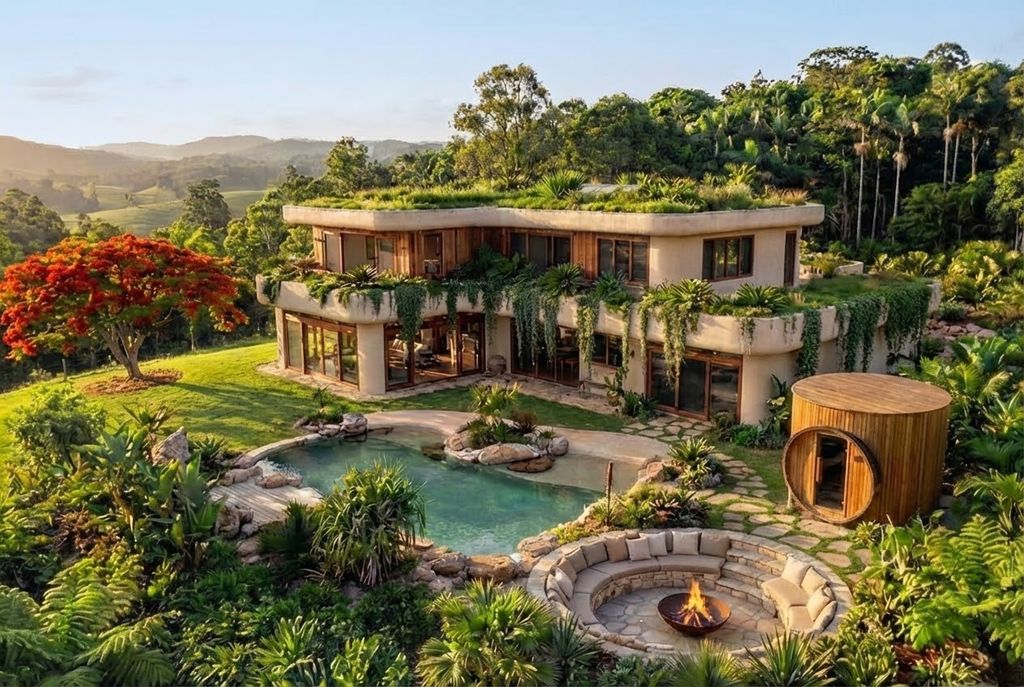 Green-roofed hinterland home with a natural pool and sunken fire pit in the subtropical Queensland landscape